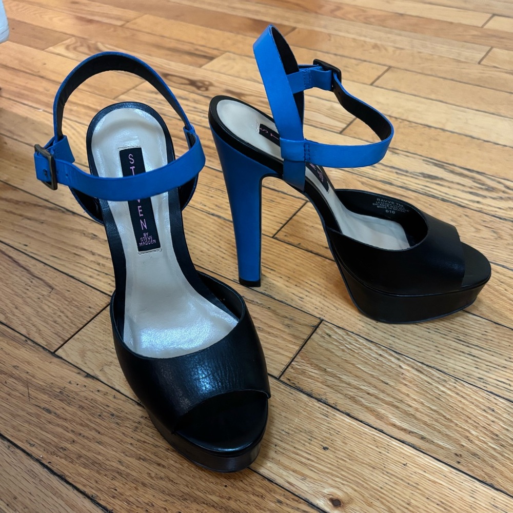 Steve Madden Black and Bright Blue Strappy Platform Heels